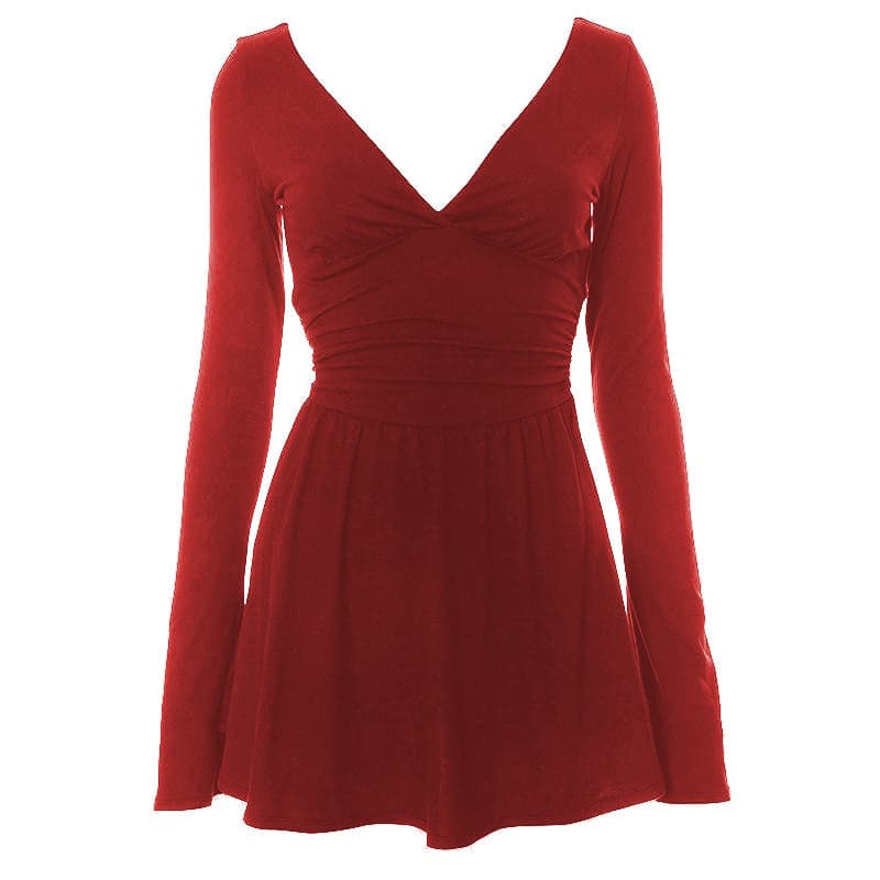 Deep V Neck Long Sleeve Ruched Waist Fit And Flare Mini Dress