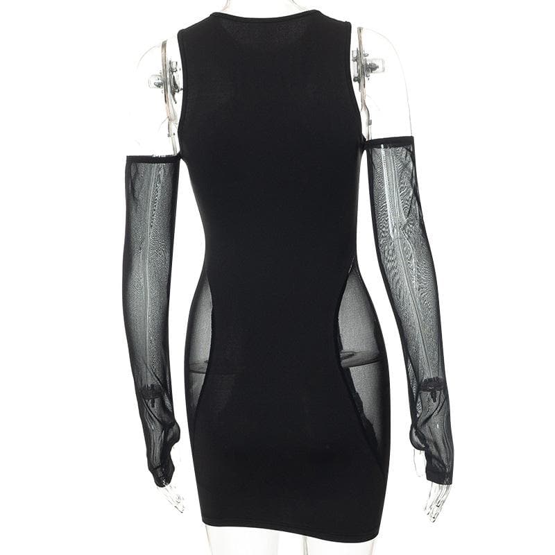 Crew Neck Mesh Panel Cutout Detached Glove Sleeve Mini Dress