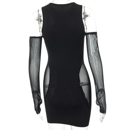 Crew Neck Mesh Panel Cutout Detached Glove Sleeve Mini Dress