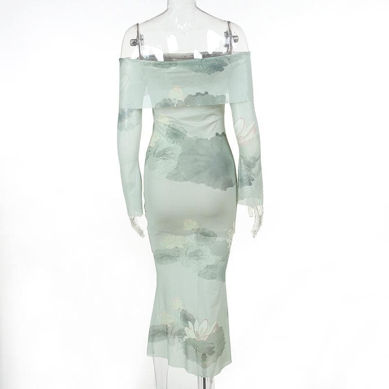 Off Shoulder Long Sleeve Lotus Print Bell Cuff Mermaid Maxi Dress