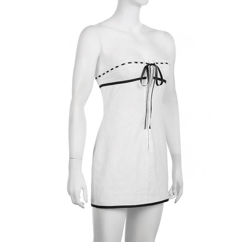 Eyelet Strapless Contrast Bow Trim Tube Mini Dress