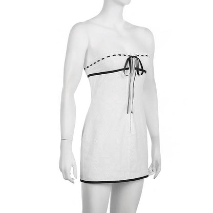 Eyelet Strapless Contrast Bow Trim Tube Mini Dress