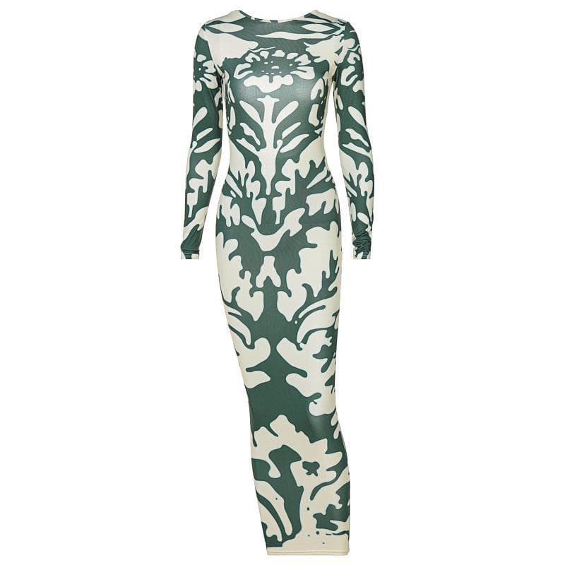 Crew Neck Long Sleeve Abstract Symmetrical Print Bodycon Midi Dress