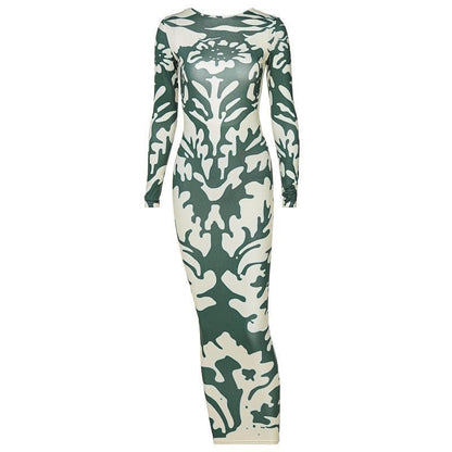 Crew Neck Long Sleeve Abstract Symmetrical Print Bodycon Midi Dress