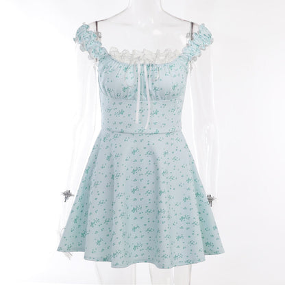 Square Neck Lace Trim Ribbon Bow Ruffle Strap Ditsy Floral Mini Dress