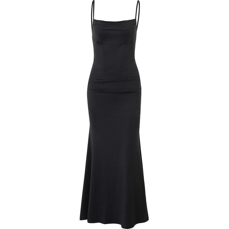 Spaghetti Strap Cowl Neck Corset Seam Ruched Bodycon Maxi Dress