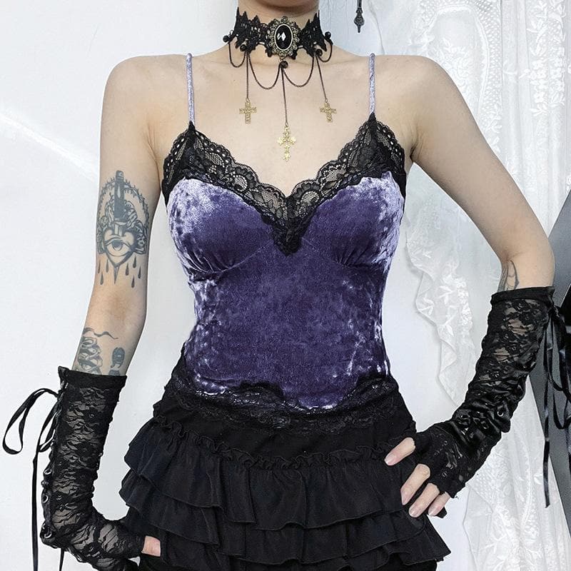 Lace Trim Velvet V Neck Cami Top and Tiered Ruffle Mini Skirt Set