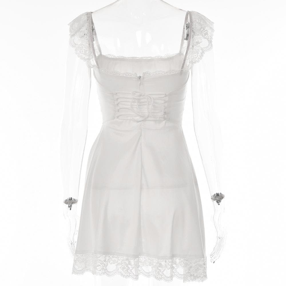 Square Neck Ruched Lace Strap Lace Hem Zip Mini Dress