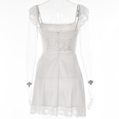 Square Neck Ruched Lace Strap Lace Hem Zip Mini Dress