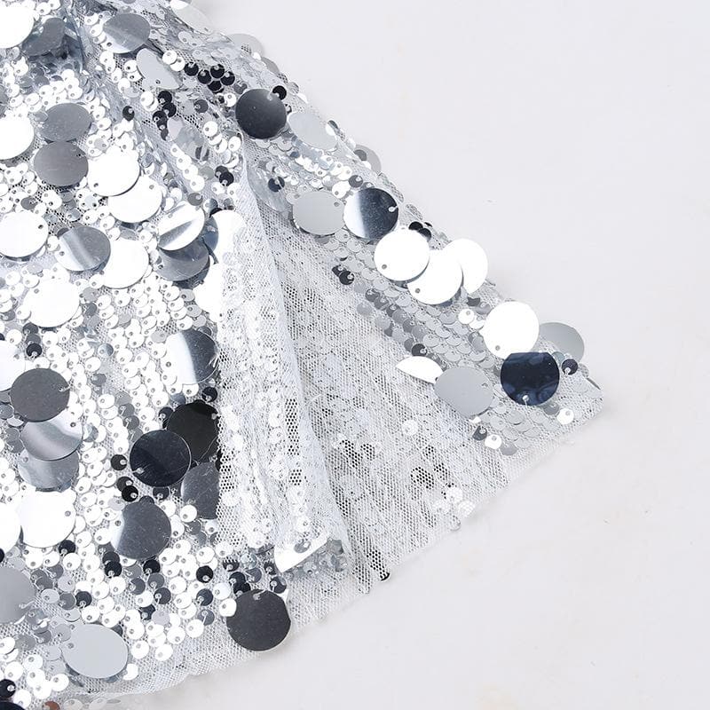 Large Sequin Paillette Square Neck Long Sleeve Mini Dress
