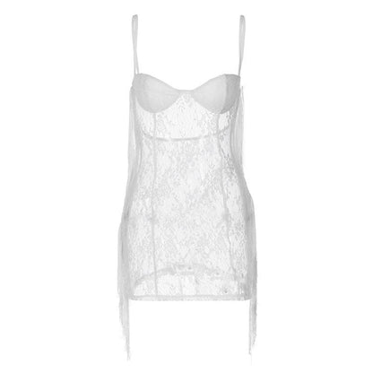 Sweetheart Lace Bustier Side Tassel Fringe Sheer Bodycon Mini Dress