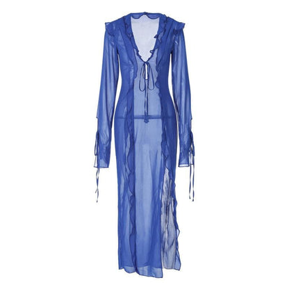 Sheer Chiffon Ruffle Trim Tie Front V-Neck Long Sleeve High Slit Maxi Dress