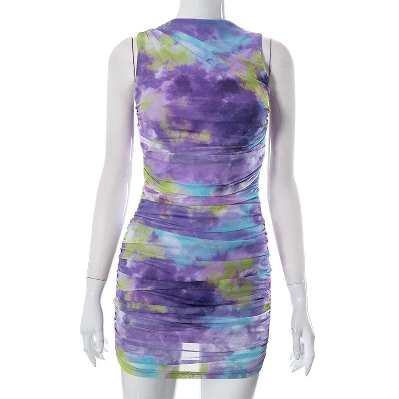 Crewneck Sleeveless Ruched Abstract Tie Dye Mesh Mini Dress