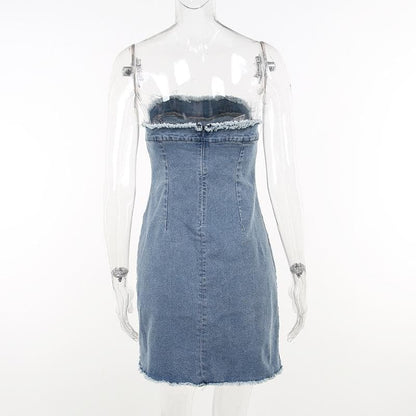 Raw Edge Panel Seam Strapless Denim Tube Mini Dress