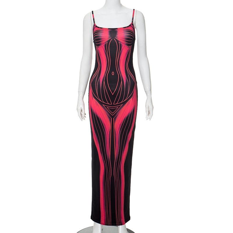 Square Neck Contour Print Spaghetti Strap Maxi Dress