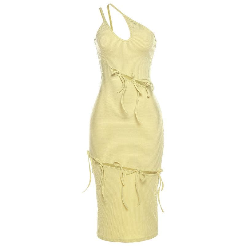 Ribbed One Shoulder Cutout Self Tie Bow Detail Midi Dress