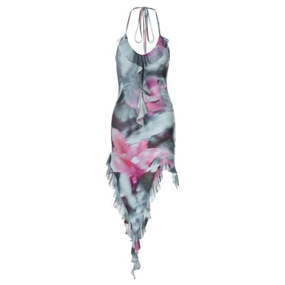 Tie-Dye Print Halter Ruffle Trim Asymmetrical Handkerchief Hem Mini Dress