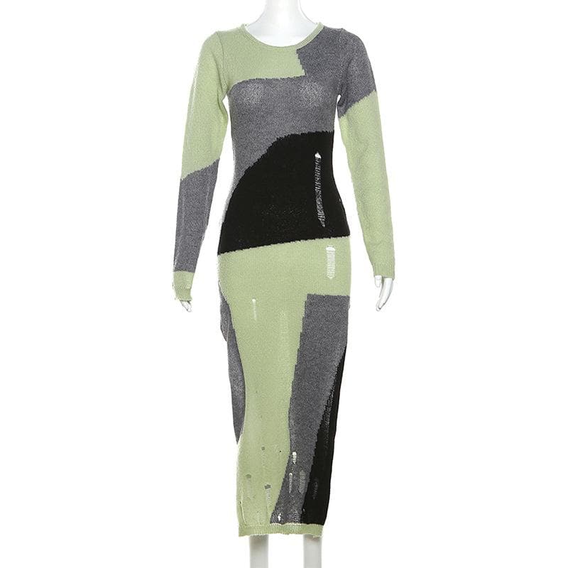 Hollow Out Crochet Long Sleeve Contrast Slit Midi Dress