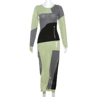 Hollow Out Crochet Long Sleeve Contrast Slit Midi Dress