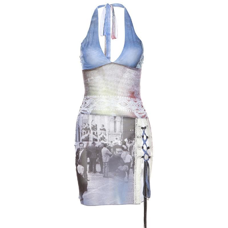 Collage Print Halter V Neck Lace Up Slit Mesh Bodycon Mini Dress