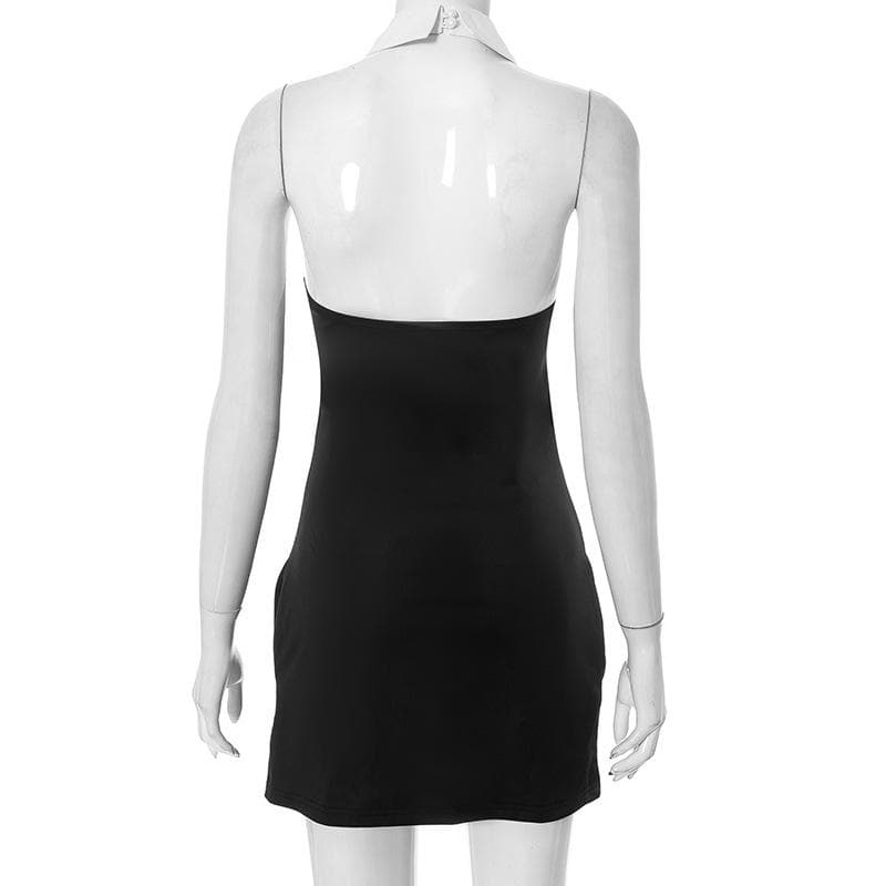 Halter Neck Contrast Shirt Collar Necktie Knot Sleeveless Bodycon Mini Dress
