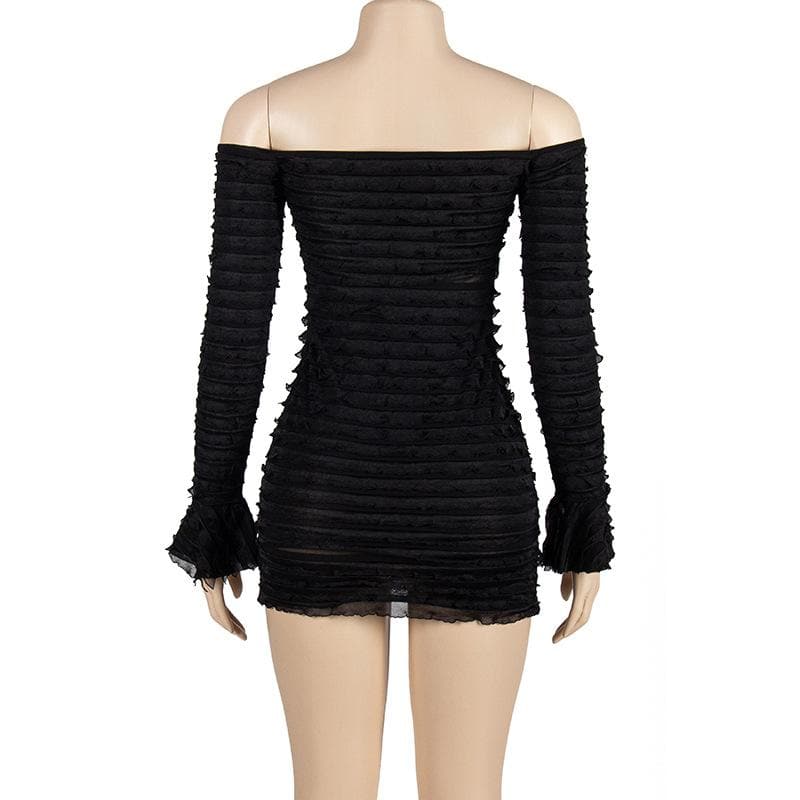 Off-Shoulder Tiered Ruffle Mesh Long Sleeve Bodycon Mini Dress