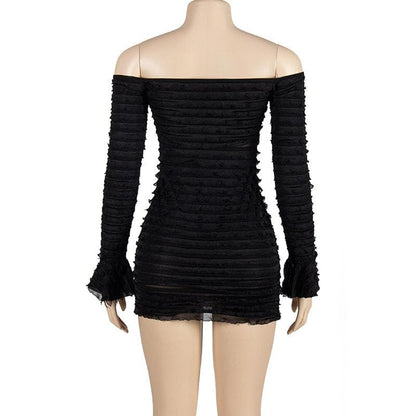 Off-Shoulder Tiered Ruffle Mesh Long Sleeve Bodycon Mini Dress