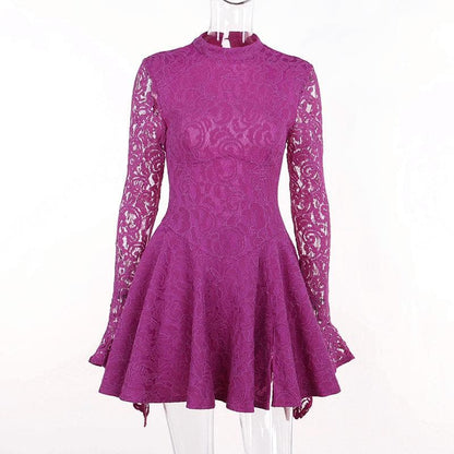 Mock Neck Long Sleeve Lace Corset Bodice Ruffle Skater Mini Dress