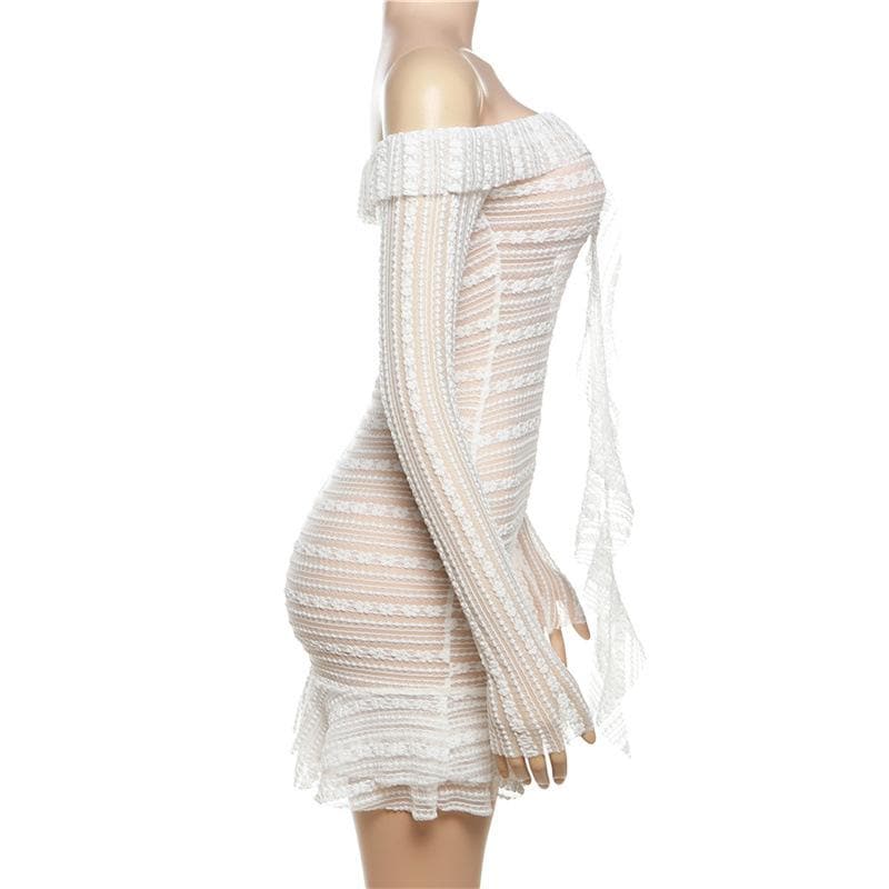 Off-Shoulder Sheer Lace Stripe Ruffle Trim Center Ruffle Long Sleeve Mini Dress