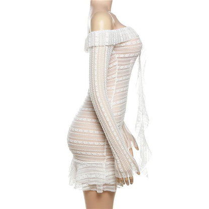 Off-Shoulder Sheer Lace Stripe Ruffle Trim Center Ruffle Long Sleeve Mini Dress