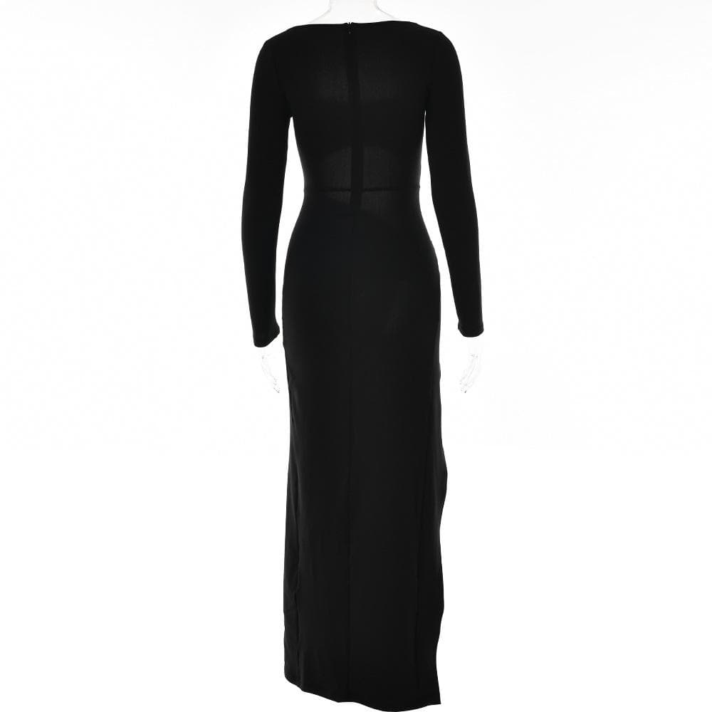 Square Neck Long Sleeve Diamond Cutout Ruched Waist Knotted Thigh Slit Midi Dress