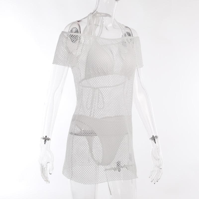 Off Shoulder Halter Tie Fishnet Mesh Bikini Cover Up Mini Dress