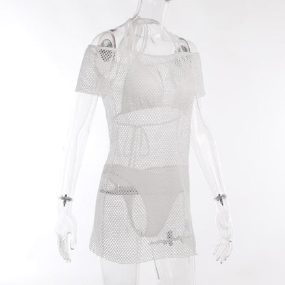 Off Shoulder Halter Tie Fishnet Mesh Bikini Cover Up Mini Dress