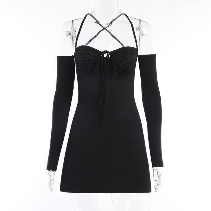 Sweetheart Tie Front Cold Shoulder Long Sleeve A-Line Mini Dress