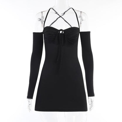 Sweetheart Tie Front Cold Shoulder Long Sleeve A-Line Mini Dress