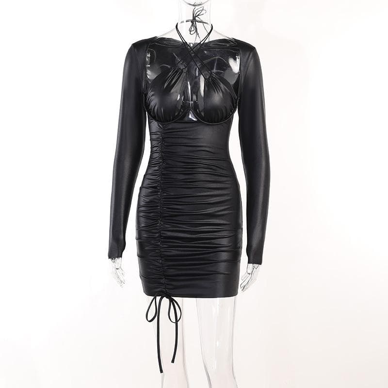 Halter Cross Strap Bust Cutout Coated Ruched Drawstring Mini Dress