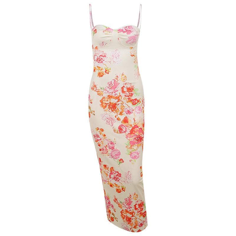 Floral Print Sweetheart Neck Lace Trim Empire Waist Cami Maxi Dress