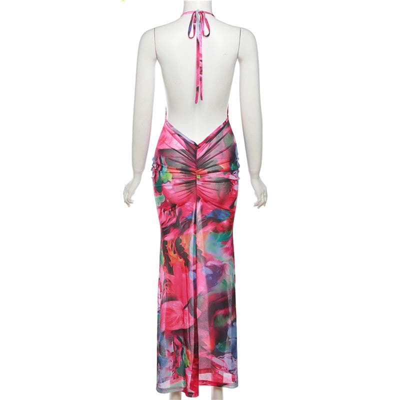 Abstract Floral Print Halter Cowl Neck Bodycon Maxi Dress