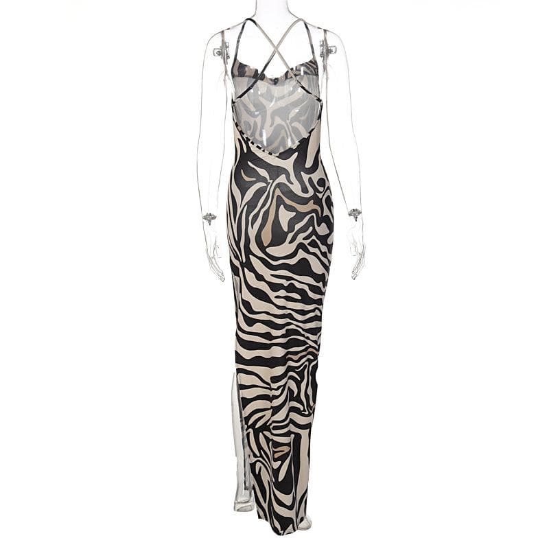 Square Neck Spaghetti Strap Lace Waistband Zebra Print Side Slit Maxi Dress