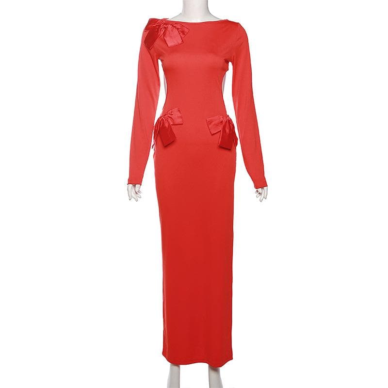 Long Sleeve Side Cutout Bow Detail Bodycon Maxi Dress