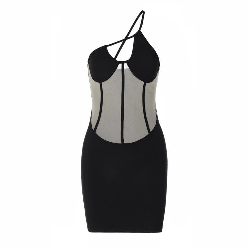 One-Shoulder Corset Mesh Panel Cutout Bodycon Mini Dress