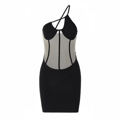 One-Shoulder Corset Mesh Panel Cutout Bodycon Mini Dress