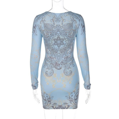 Crew Neck Long Sleeve Mandala Rhinestone Graphic Bodycon Mini Dress