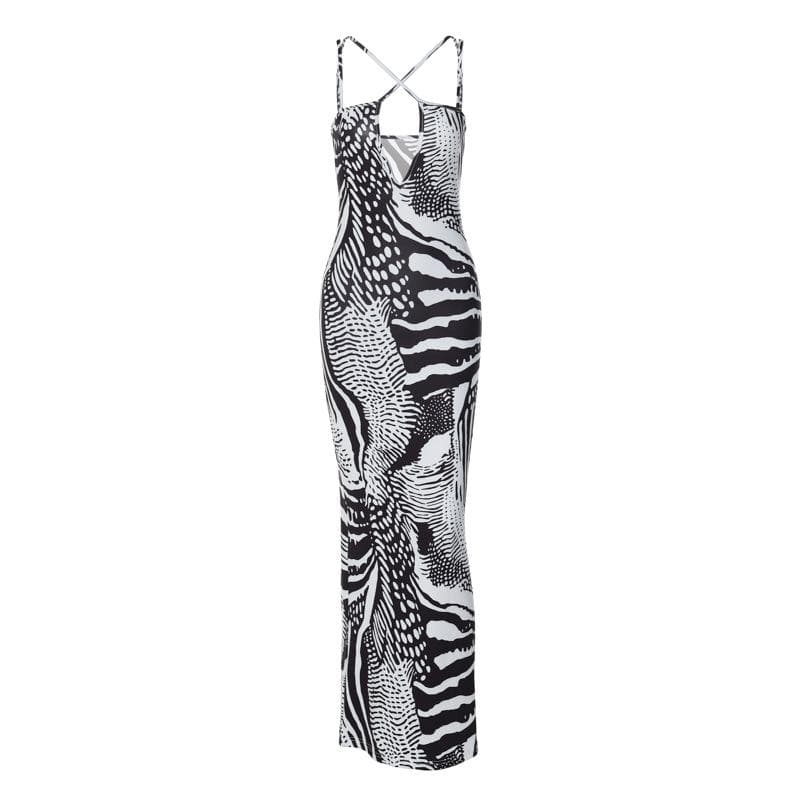 Crisscross Strap Keyhole Cutout Abstract Print Bodycon Maxi Dress