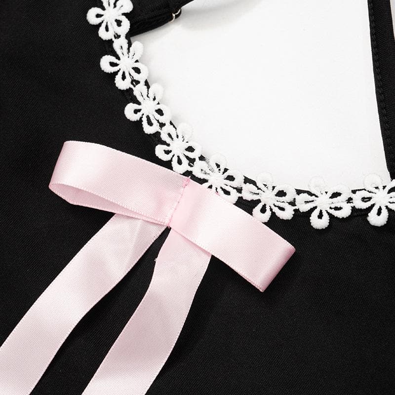 Lace Trim Scoop Neck Ribbon Bow Long Tail Lace Hem Mini Dress