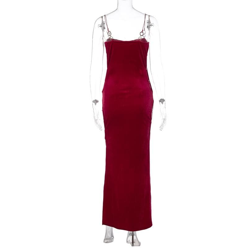 O Ring Spaghetti Strap Velvet Bodycon Backless Maxi Dress