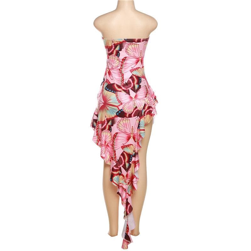 Butterfly Print Strapless Irregular Ruffle Backless Maxi Dress