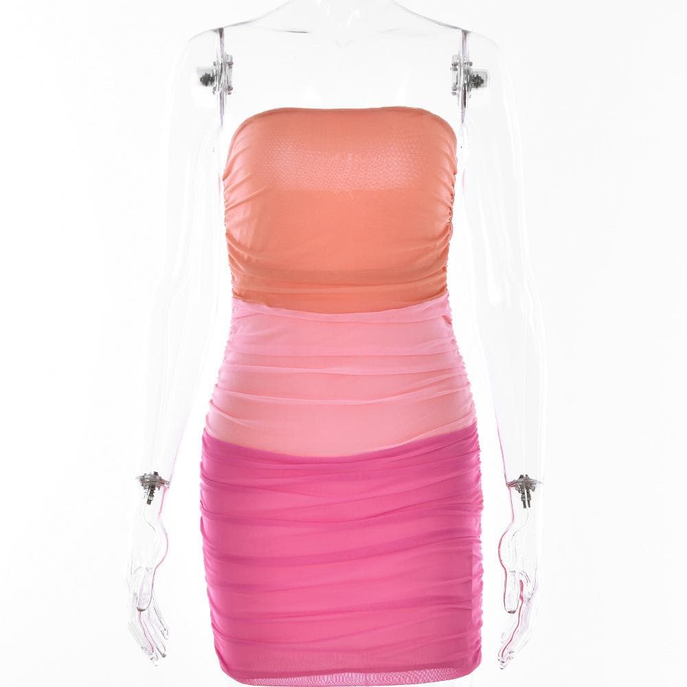 Colorblock Ruched Strapless Tiered Bodycon Mini Dress