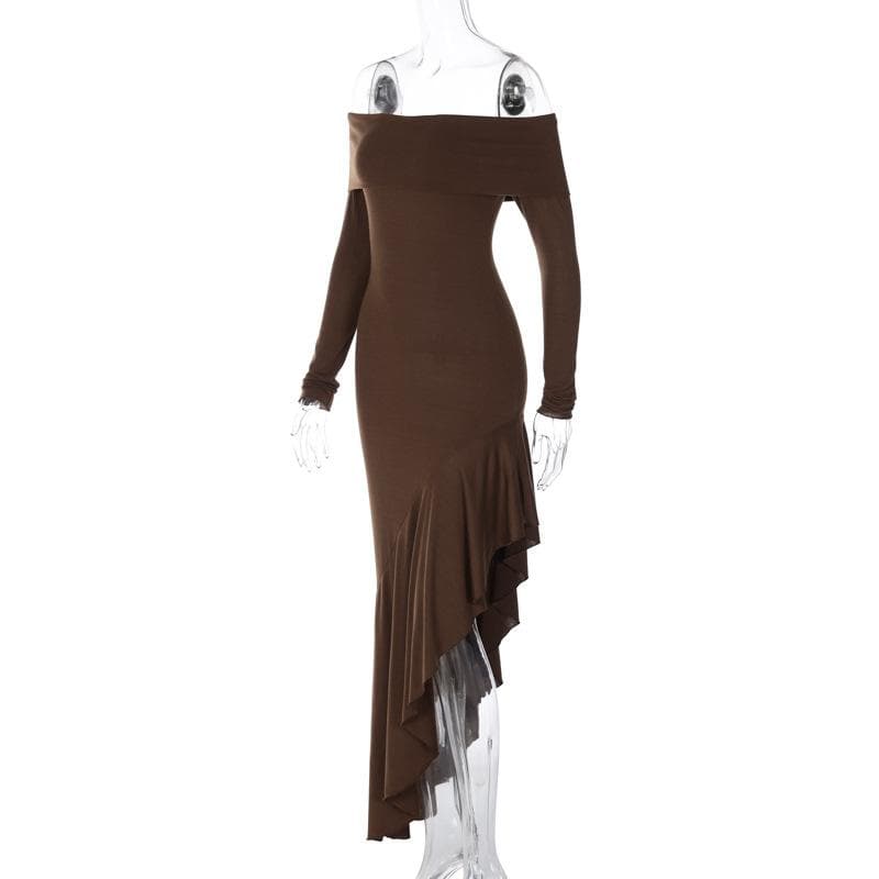 Off Shoulder Ruffle Hem Asymmetrical Maxi Dress