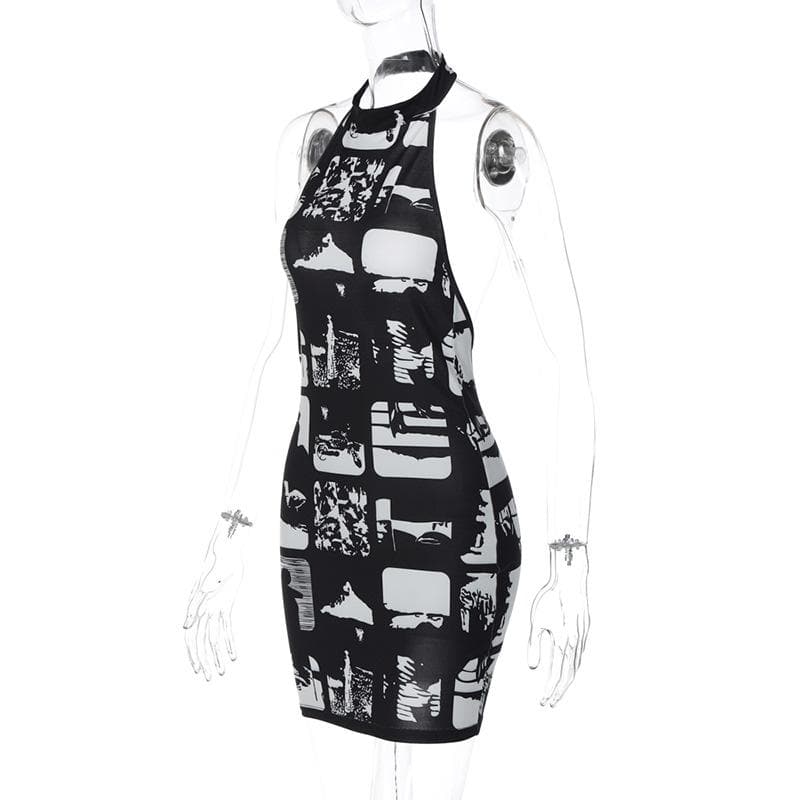 Comic Panel Print Halter Choker Cutout Backless Bodycon Mini Dress